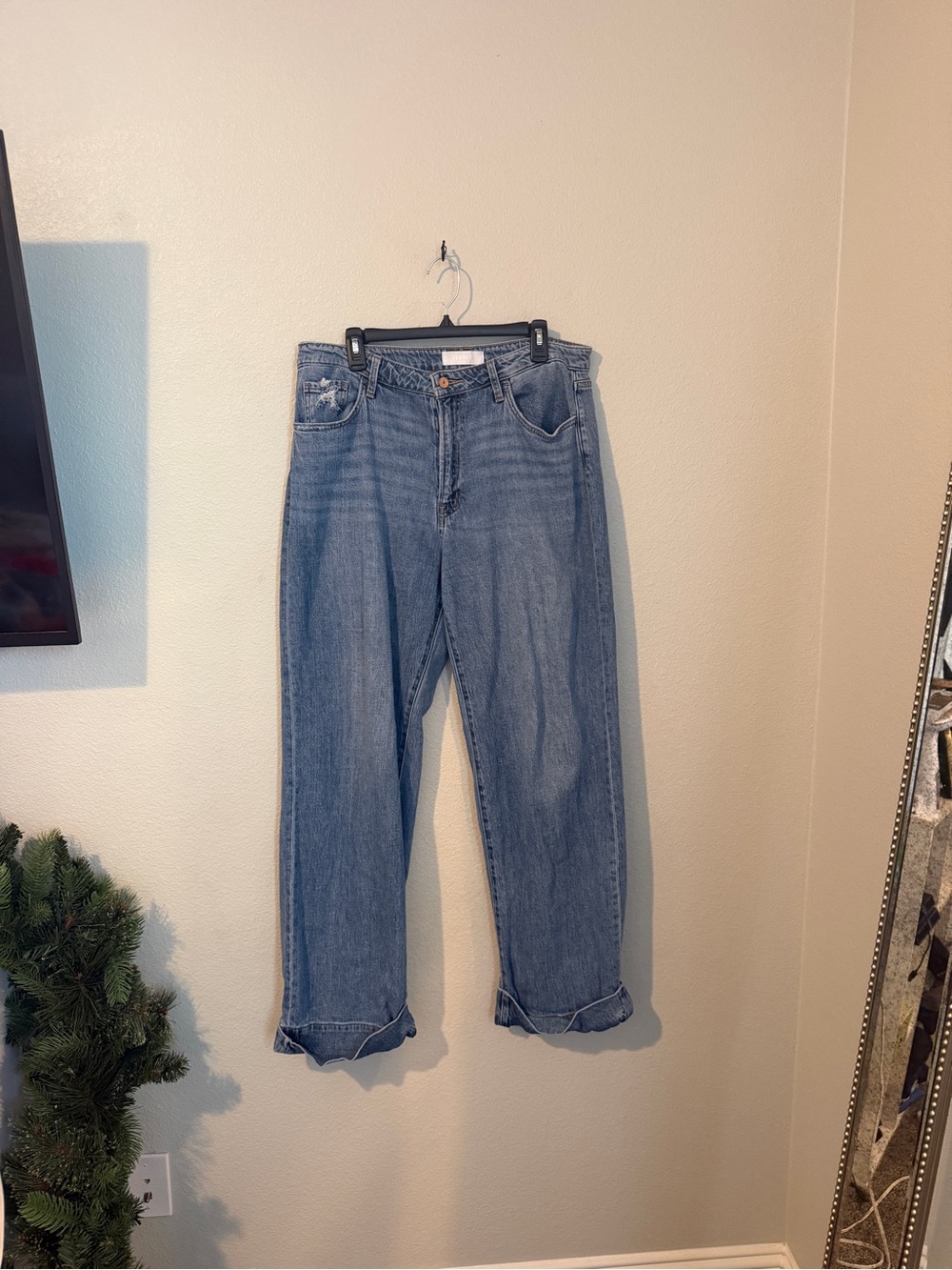 Wide Leg Jeans in Light Blue Denim with Leg Cuff